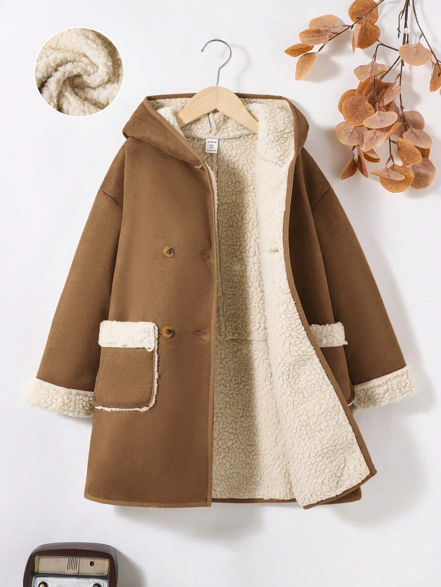 SHEIN Cô gái Tween Đôi ngực Lót nhiệt Áo trùm đầu - Cà phê nâu - Xem 1