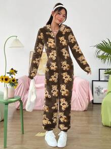 SHEIN EZwear Bear Pattern 3D Ear Design Hooded Zipper Front Flannel Jumpsuit - Coffee Brown - View 6