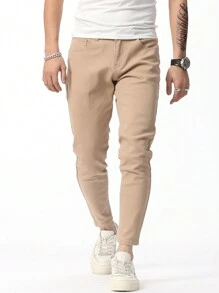 Manfinity Homme 男士簡約純色休閒修身窄腳牛仔褲 - 卡其色 - 查看 3