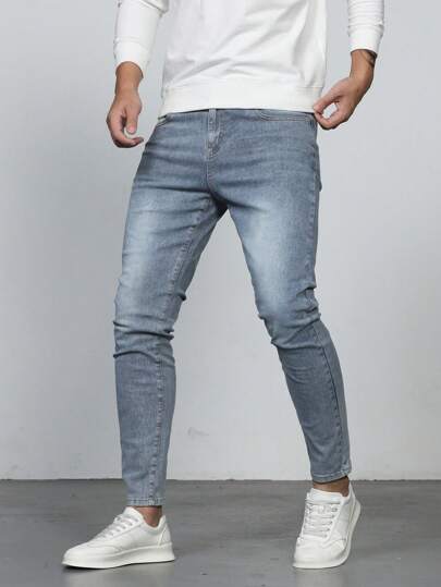 Jean étroit en coton pour hommes, blanchi et lavé, coupe slim, longue finition de couleur acide foncée, droit et bleu uni, pour affaires, travail ou décontracté, pour les maris