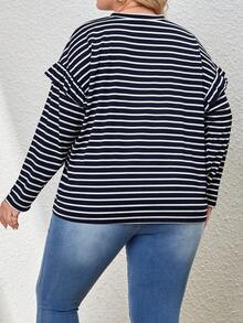 SHEIN LUNE Plus Striped Print Ruffle Trim Drop Shoulder Tee - Navy Blue - View 2