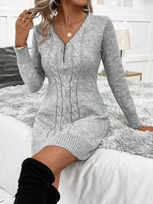 SHEIN Clasi Xoắn Dan Khóa kéo một phần tư Đầm Áo len - Màu Xám nhạt - Xem 6