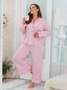 Plus Contrast Piping Flounce Sleeve Ruffle Hem PJ Set / Pajama Set - Pink - View 2