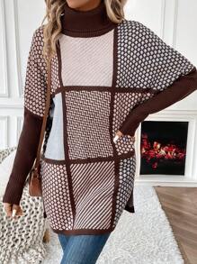 SHEIN LUNE Women's Plaid Hem Slit Knit Pullover Fall Winter Sweater - Multicolor - View 1