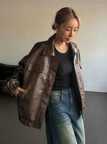 Dazy Star 翻盖细节落肩 PU 皮夹克，秋季女装 - 棕色 - 查看 2