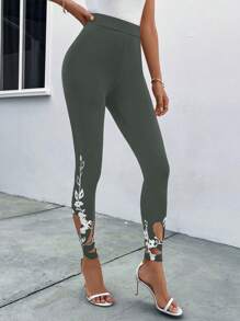 SHEIN Clasi 女士花卉圖案長打底褲 - 軍綠色 - 查看 1