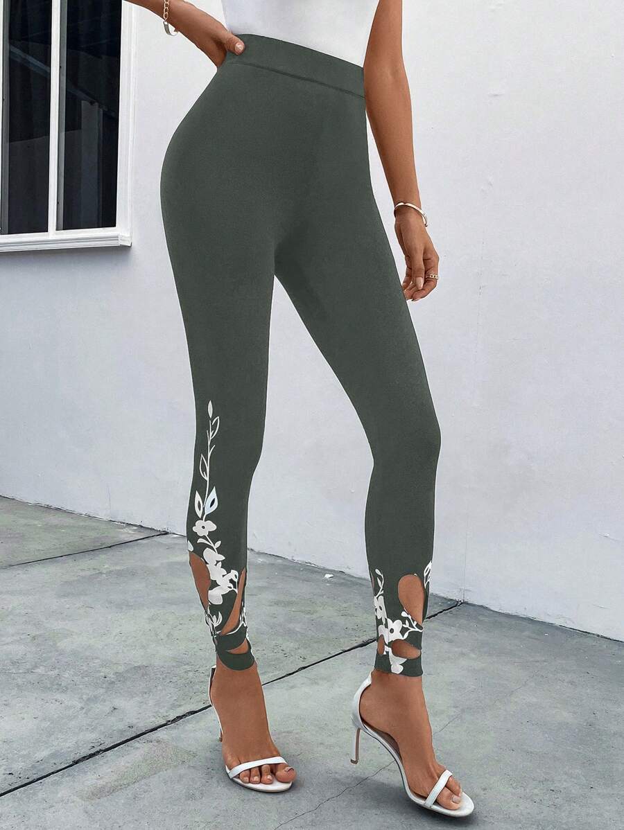 SHEIN Clasi 女士花卉圖案長打底褲 - 軍綠色 - 查看 1