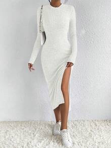 SHEIN Frenchy Vestido ajustado de mujeres hendidura alta tejido de canalé - Blanco - Ver 5