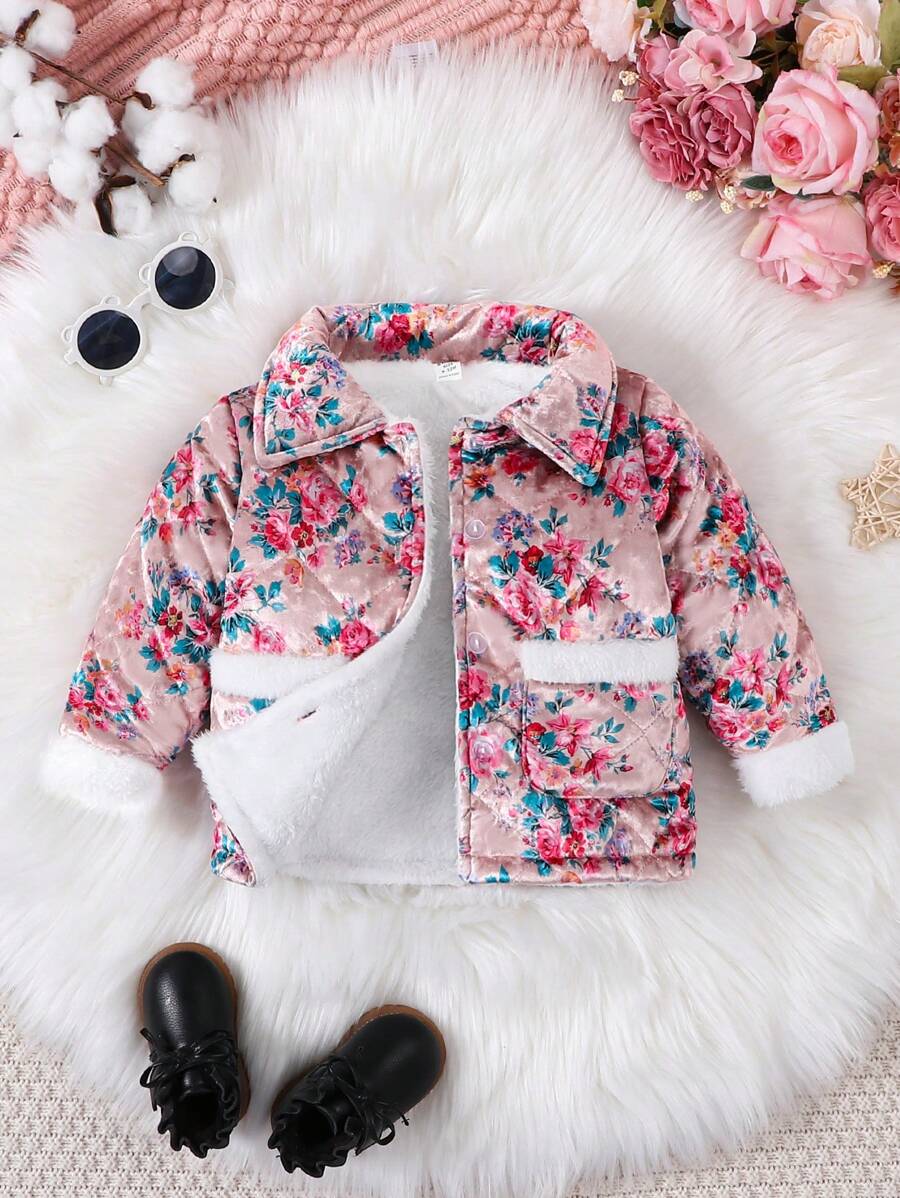 Bebé niña Abrigo con estampado floral teddy ribete - Rosa - Ver 1