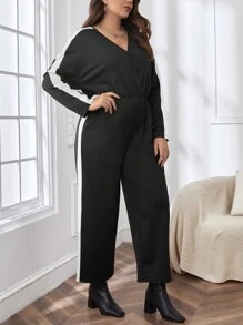 SHEIN Essnce Women's Plus Size Color Block Side Stripe Jumpsuit - Black and White - View 6