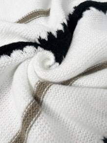 Women's Casual Striped Pattern Drop-Shoulder Loose Pullover Long-Sleeve Sweater Tops White