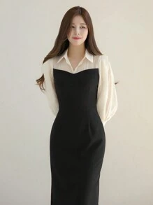 DAZY Váy sơ mi phối màu dành cho nữ - Đen và trắng - Xem 4