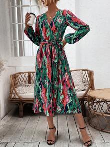 SHEIN VCAY 女士腰帶印花洋裝 - 彩色 - 查看 5