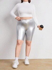 SHEIN ICON Plus High Waist Letter Patched Silver Metallic Biker Shorts - Silver - View 5