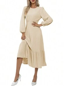 Solid Ruffle Hem A-line Dress - Apricot - View 3