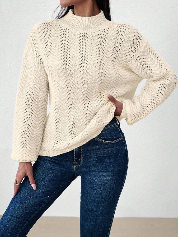 Stand Collar Drop Shoulder Lantern Sleeve Knit Pullover Fall Winter Sweater