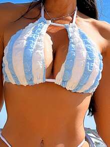 SHEIN Swim Ladies Blue & White Striped Design Three-piece Bikini Set - Blue and White - View 3