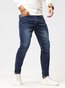 Manfinity Homme Men's Washed Slim-Fit Jeans, Plain Dark Blue Slim Fit Long Dark Wash Jeans Washed Cargo Jeans, For Husband, Boyfriend Gifts - Dark Wash - View 7