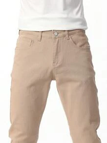 Manfinity Homme 男士簡約純色休閒修身窄腳牛仔褲 - 卡其色 - 查看 7