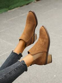 秋冬女士时尚绒面革踝靴，粗跟圆头棕色百搭皮革切尔西靴毛皮休闲一脚蹬，女靴 - 棕色 - 查看 4