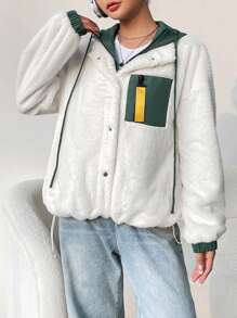 Muchica 鈕扣和拉鍊前設計的羊毛毛皮連帽外套,側口袋設計 - 白色 - 查看 7