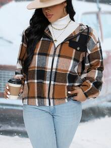 SHEIN Franclia Plus Plaid Drop Shoulder Drawstring Hooded Jacket - Multicolor - View 6