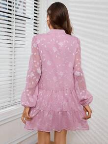 SHEIN Privé 女士花卉裝飾燈籠袖洋裝,荷葉邊設計 - 粉色 - 查看 2