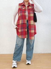 Calvaya Plus Plaid Print Flap Detail Sleeveless Coat - Multicolor - View 4