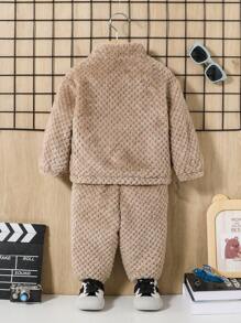SHEIN 男嬰字母補丁細節毛絨夾克和褲子不帶T恤 - 卡其色 - 查看 2