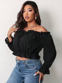 Franclia Blusa de hombros descubiertos ribete fruncido con nudo delantero de manga con volante