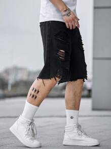 Manfinity EMRG Men Cotton Ripped Raw Hem Denim Shorts Plain Denim Jorts Vacation Baggy Black Denim Shorts, For Husband, Boyfriend Gifts