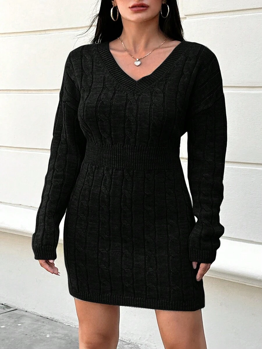 EURMUSE Plus Size Cable Knit Sweater Dress With V-Neckline, For Winter - Black - View 1