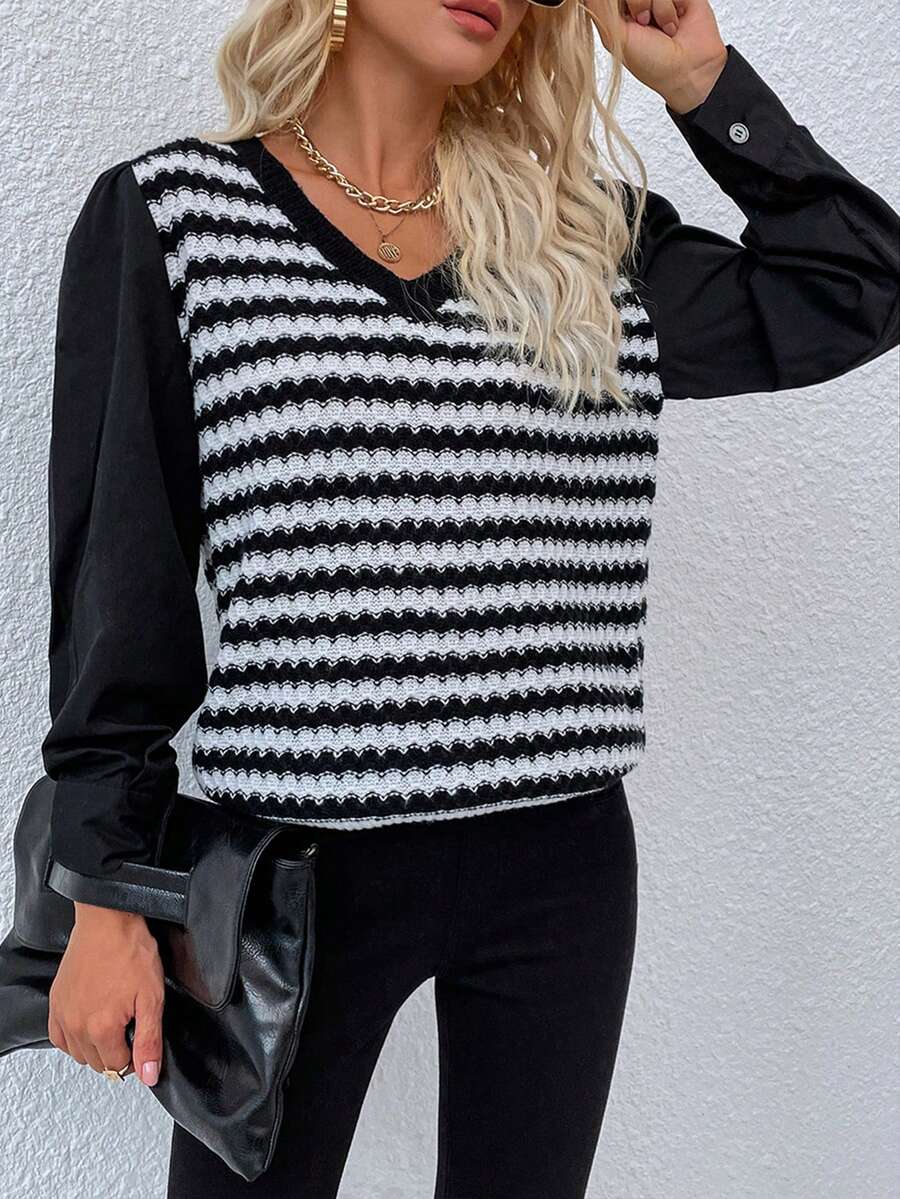 SHEIN LUNE Của phụ nữ Sọc Cổ chữ V Áo len - Đen và trắng - Xem 1