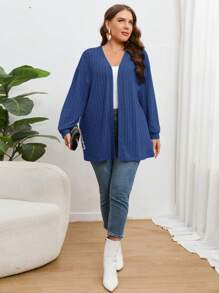 SHEIN Essnce Kích thước lớn Màu thuần Sọc Kết cấu Lỏng lẻo Áo len Mở Áo len , Tay áo dài - Màu xanh hải quân - Xem 3