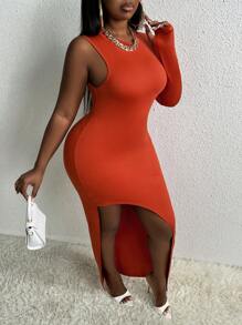 Slaydiva Hơn Một bờ vai Viền không đối xứng Váy bodycon - màu nâu - Xem 5