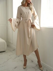 SHEIN LUNE 純色短袖蛋糕連衣裙 - 杏色 - 查看 4