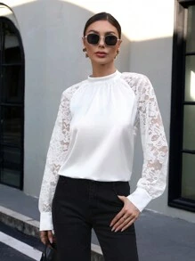 SHEIN Clasi Contrast Lace Raglan Sleeve Blouse - White - View 1