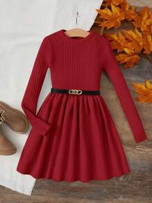 SHEIN Tween Girl Solid Ribbed Knit Dress Without Belt - Burgundy - View 1