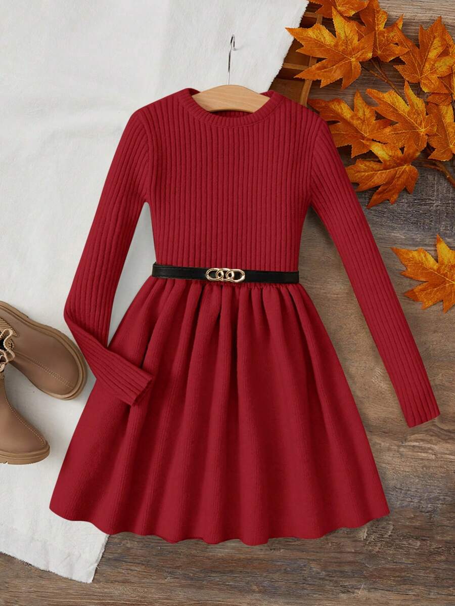 SHEIN Tween Girl Solid Ribbed Knit Dress Without Belt - Burgundy - View 1