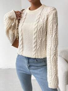 Chiquease Cable Knit Drop Shoulder Sweater Knit Pullover Fall Winter Outfit - Beige - View 3