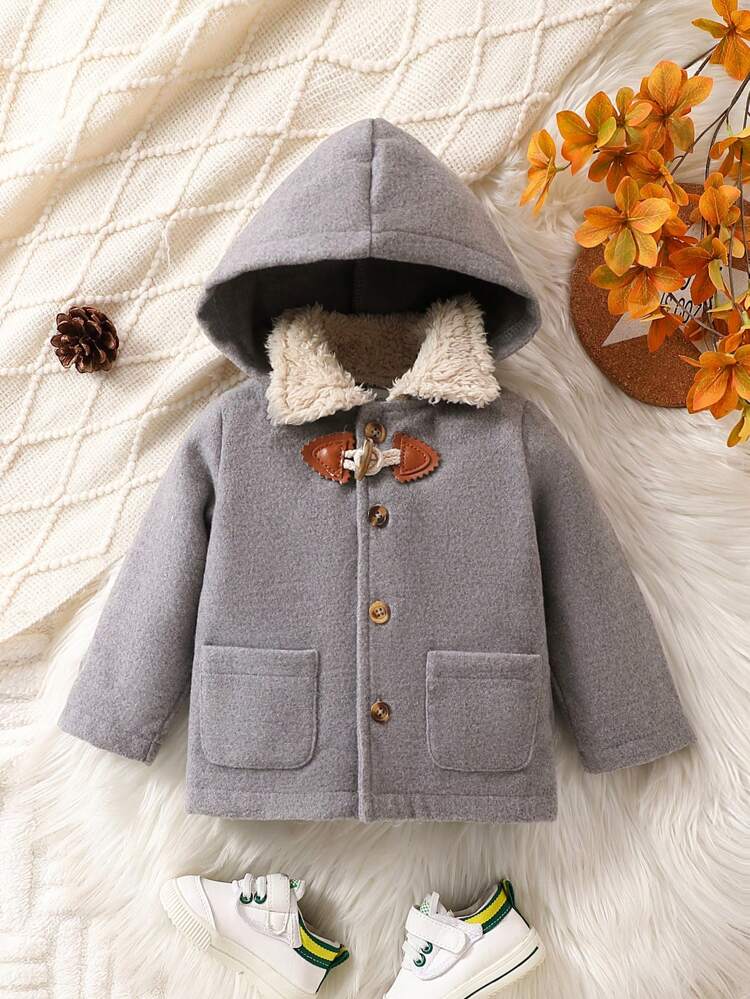 Thickened Baby Boys' Hooded Double-breasted Woolen Coat With Horn Buttons, Fall/winter