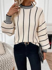 SHEIN Essnce Mẫu sọc Thả vai Áo len - Màu be - Xem 4