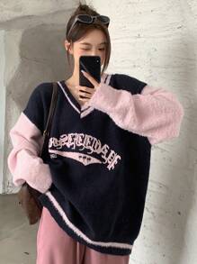 Dazy Star Suéter amplio con estampado de letra de hombros caídos - Multicolor - Ver 1