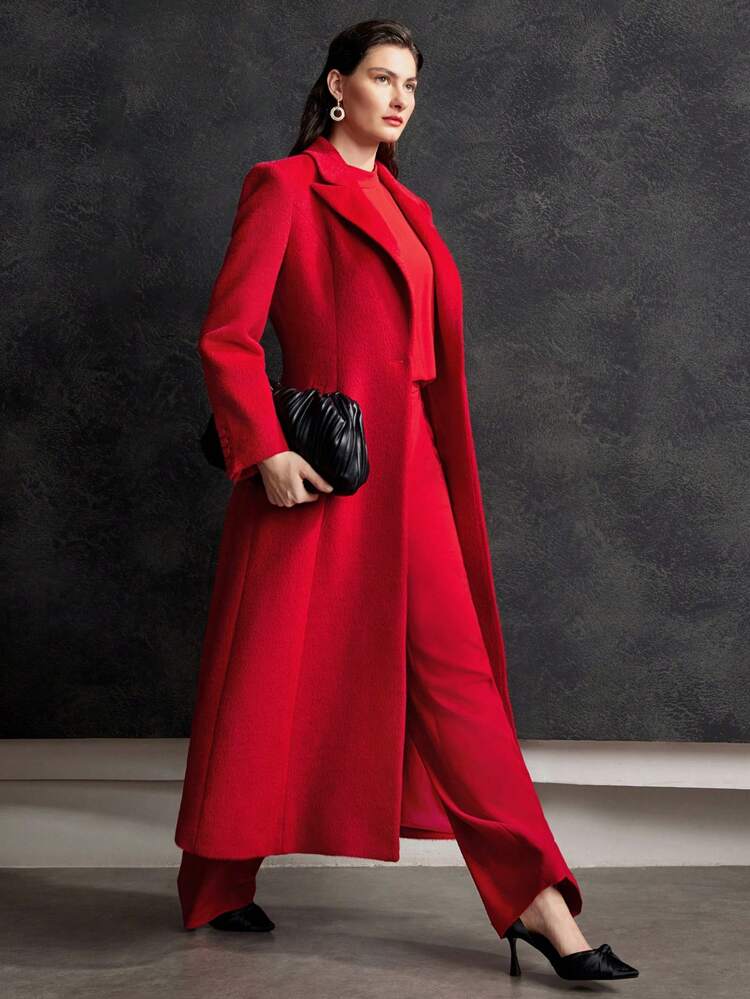 WOOL-BLEND A-LINE COAT,LADIES WINTER ELEGANT,PARTY POCKET REGULAR SLEEVE LAPEL REGULAR FIT RED WOOL PLAIN WOMEN OVERCOATS,PARTY/NIGHTCLUB OUTFITS