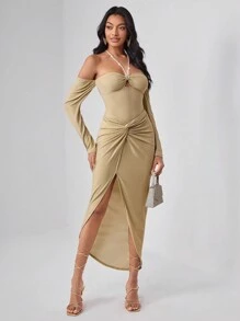 VALERIA GÓMEZ Designer 1pc Twist Front Split Thigh Elegant Skirt, Women Elegant Skirt, For Summer, Holiday, Party, New Year Eve