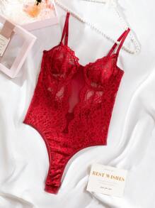 SHEIN Perspectiva De Encaje Y Lencería Sexy De Body - Burdeos - Ver 1