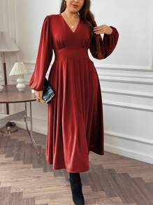 SHEIN Franclia 女性加大碼燈籠袖v領連衣裙 - 酒紅色 - 查看 4