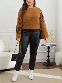 SHEIN Privé Plus Size Flower Pattern Drop Shoulder Pullover Sweater - Khaki - View 3