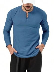 男士秋季寬鬆套頭圓領長袖 T 卹 - 藍色 - 查看 1