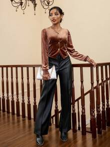 Aveloria V-Neck Velvet Long Sleeve Shirt Fall Cloth For Women - Brown - View 6